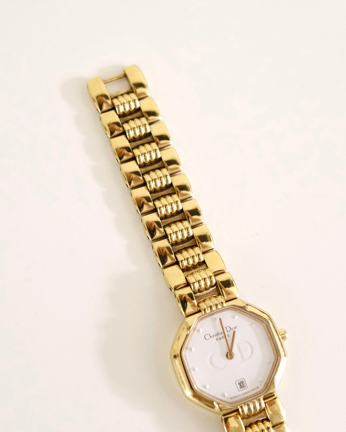 Vintage Christian Dior Gold Octagon Watch | White Dial | Elegant Gold Bracelet | Classic Designer Timepiece