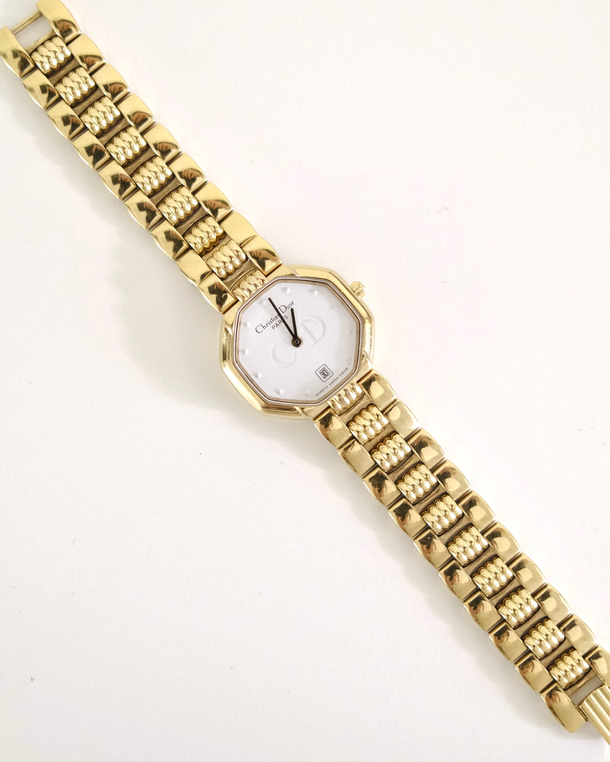 Vintage Christian Dior Gold Octagon Watch | White Dial | Elegant Gold Bracelet | Classic Designer Timepiece