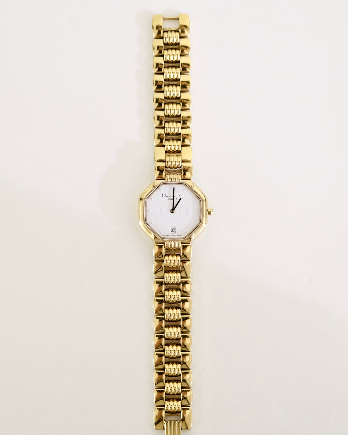 Vintage Christian Dior Gold Octagon Watch | White Dial | Elegant Gold Bracelet | Classic Designer Timepiece