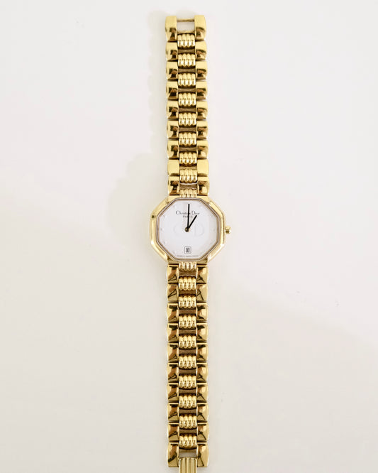 Vintage Christian Dior Gold Octagon Watch | White Dial | Elegant Gold Bracelet | Classic Designer Timepiece