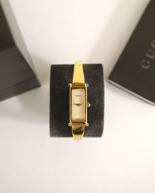 Vintage Gucci 1500L Gold Watch | Mother of Pearl Dial | Elegant Gold Bangle Bracelet | Classic Designer Timepiece