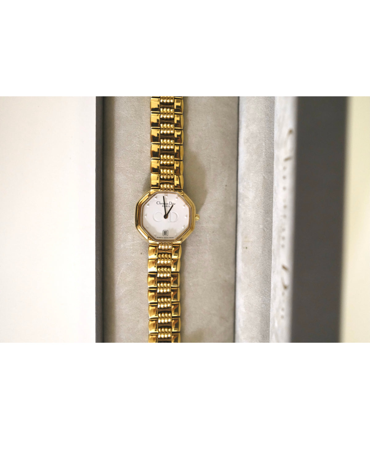Vintage Christian Dior Gold Octagon Watch | White Dial | Elegant Gold Bracelet | Classic Designer Timepiece