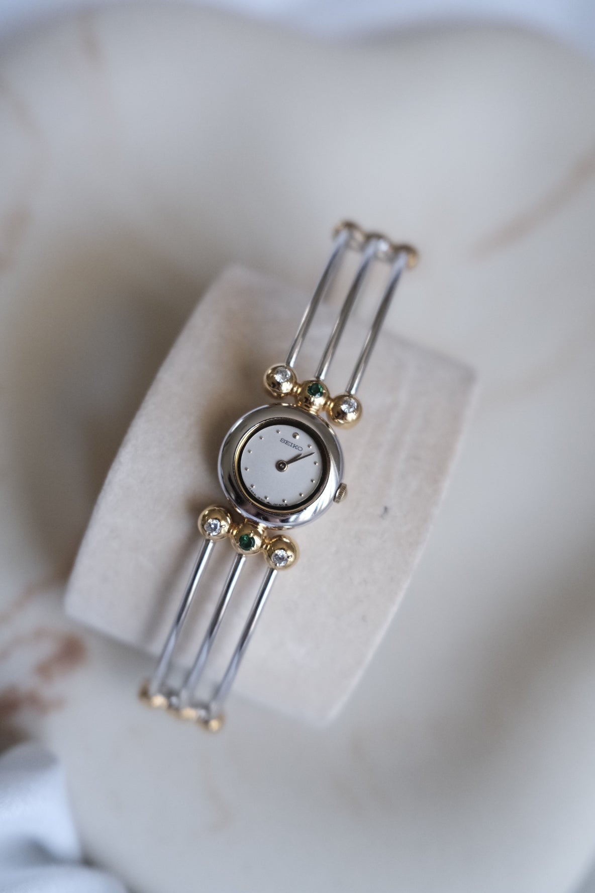 Vintage Seiko Emerald Crystal Bangle Watch | Gold & Silver Two-Tone Women’s Bracelet Watch