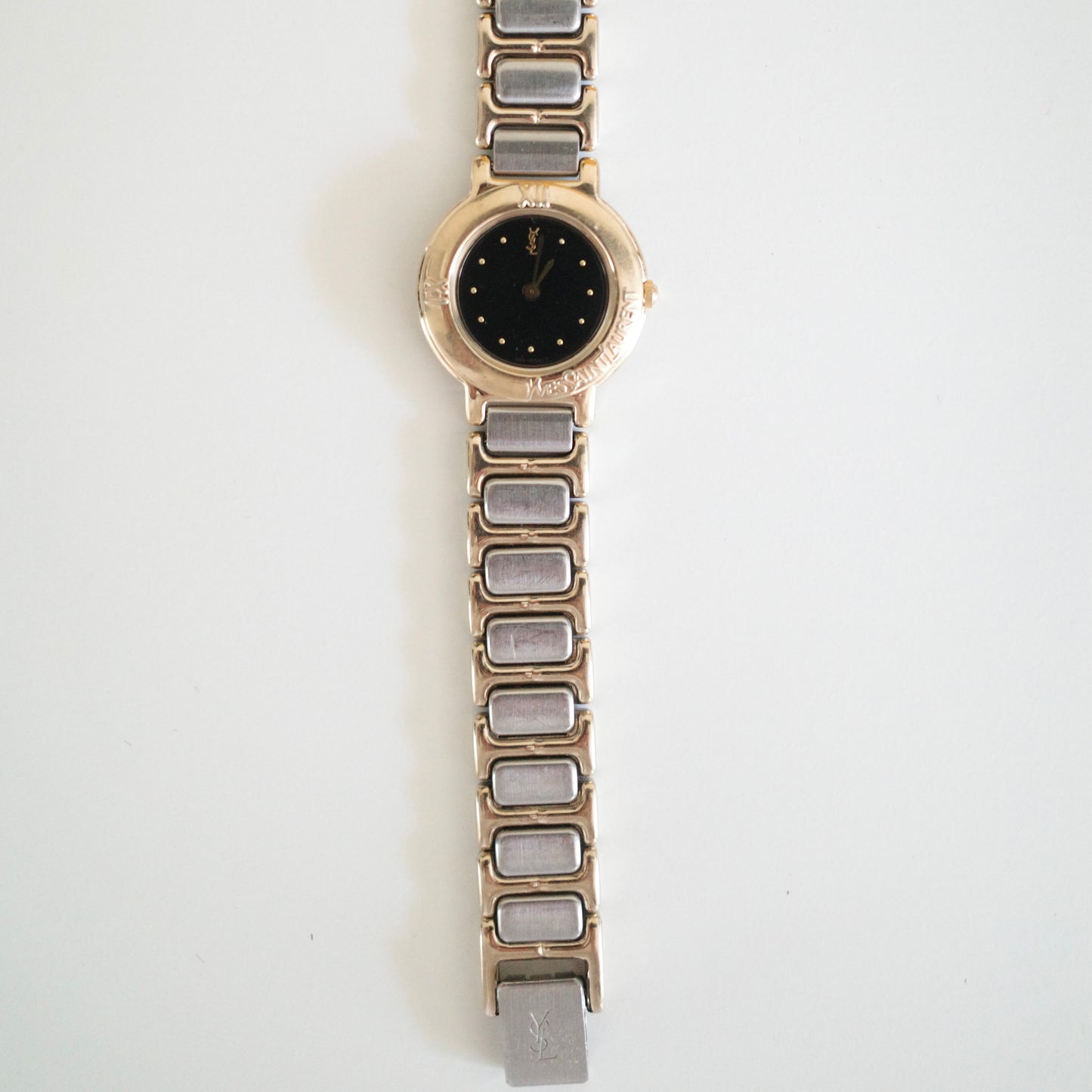 Vintage Yves Saint Laurent YSL Two-Tone Black Dial Bracelet Watch
