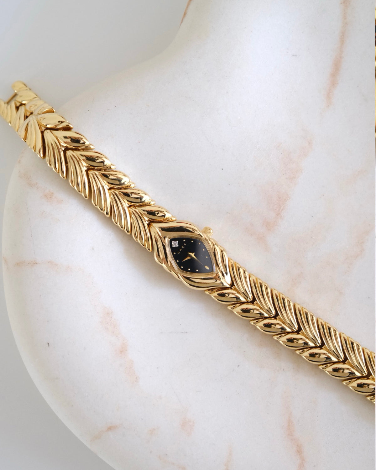 Rare Vintage Grès Gold-Tone Bracelet Watch – Black Dial & Diamond Detail