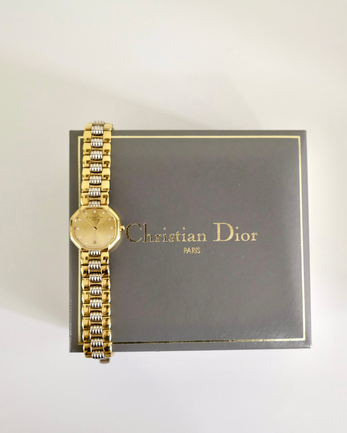 Vintage Christian Dior Gold Octagon Watch | Two-Tone Bracelet | Classic Designer Timepiece