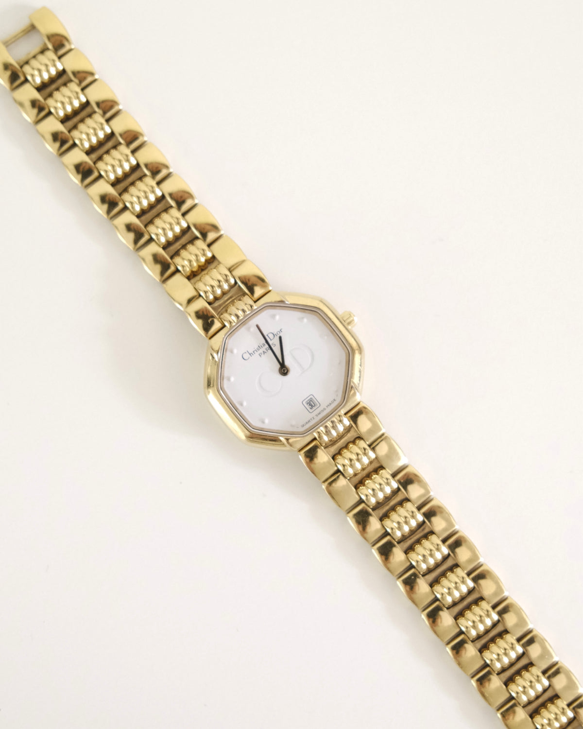 Vintage Christian Dior Gold Octagon Watch | White Dial | Elegant Gold Bracelet | Classic Designer Timepiece