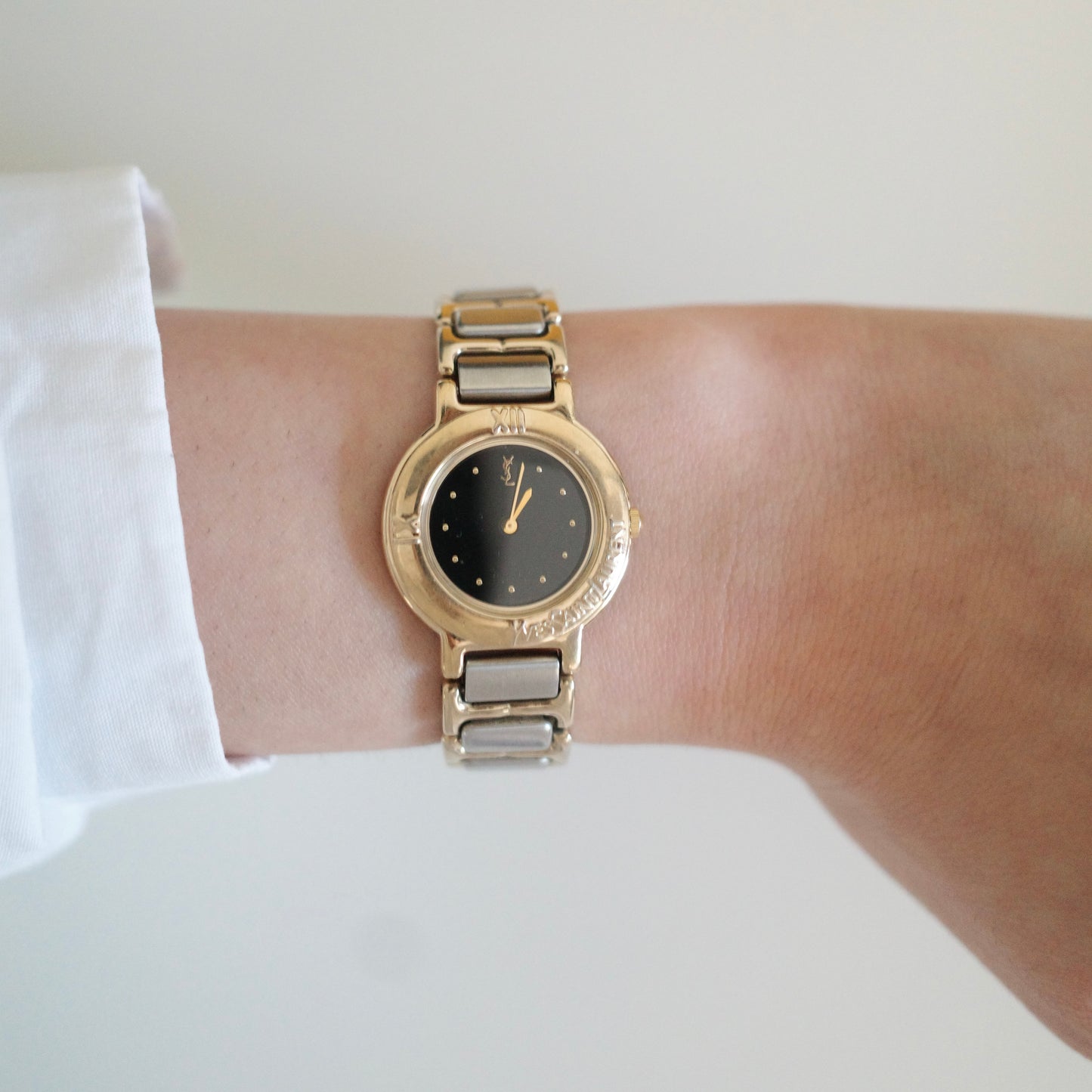 Vintage Yves Saint Laurent YSL Two-Tone Black Dial Bracelet Watch