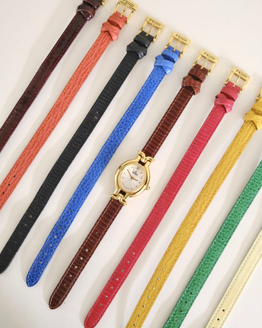 Vintage Fendi 640L Gold Watch | 9 Interchangeable Colourful Leather Straps | Full Set | Classic Designer Timepiece