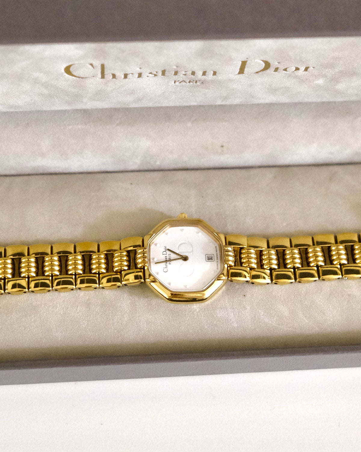 Vintage Christian Dior Gold Octagon Watch | White Dial | Elegant Gold Bracelet | Classic Designer Timepiece