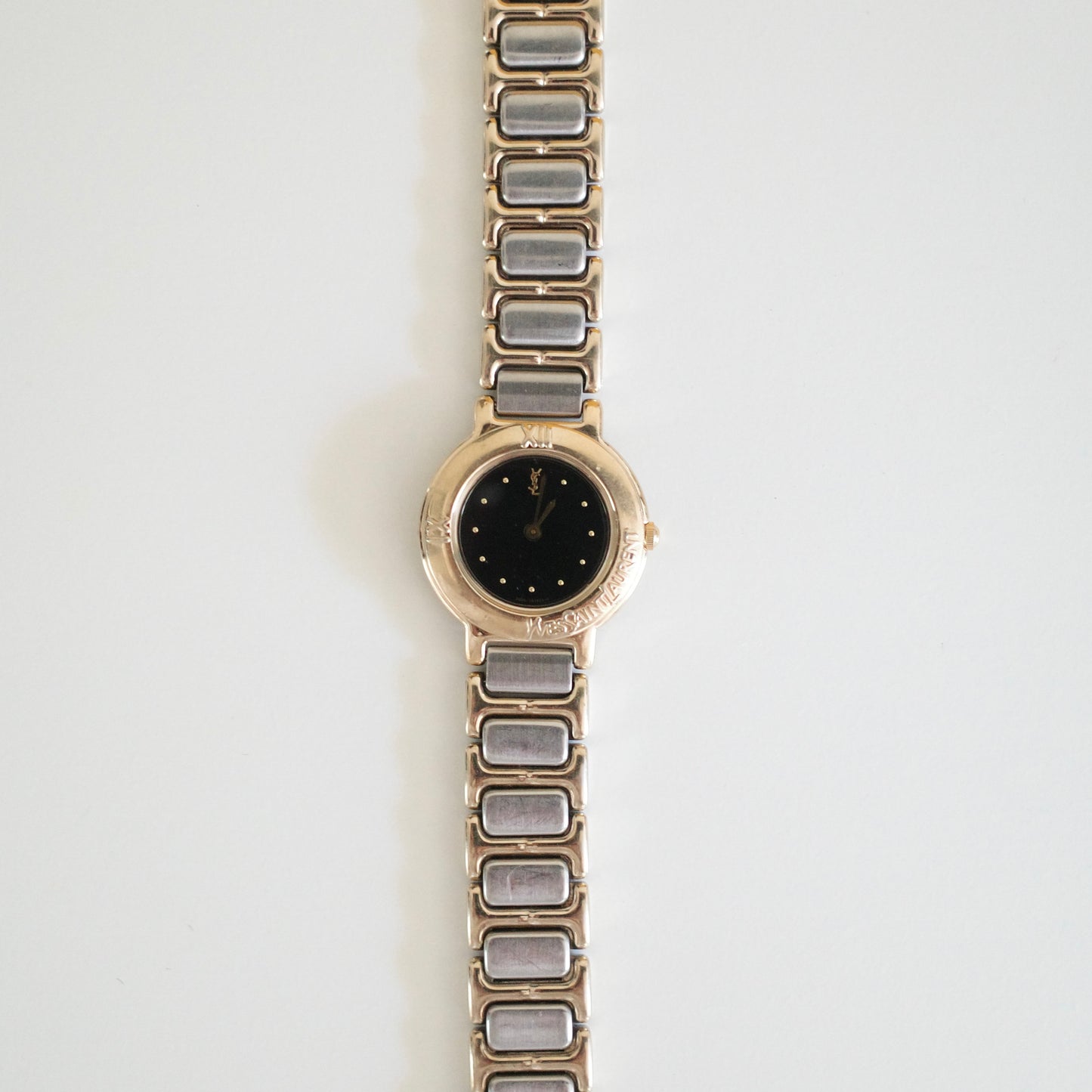 Vintage Yves Saint Laurent YSL Two-Tone Black Dial Bracelet Watch