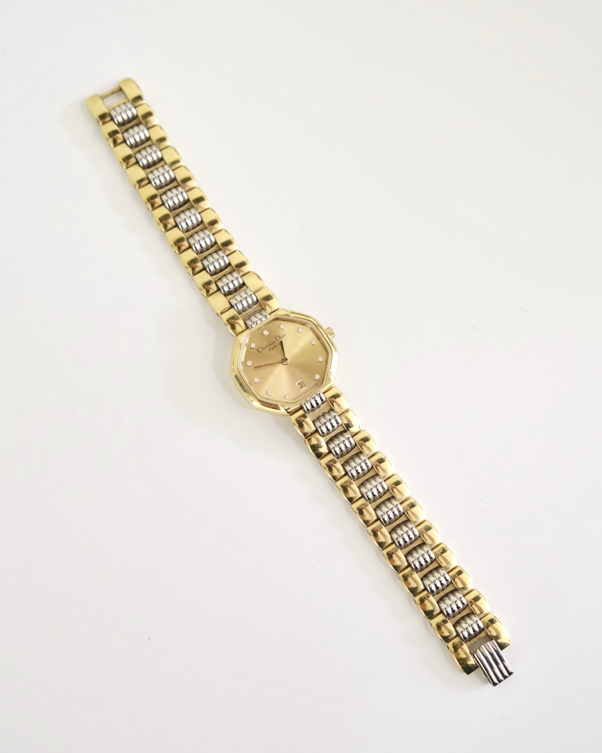 Vintage Christian Dior Gold Octagon Watch | Two-Tone Bracelet | Classic Designer Timepiece