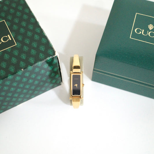 Vintage Gucci 1500L Gold Watch | Black Dial | Elegant Gold Bangle Bracelet | Classic Designer Timepiece