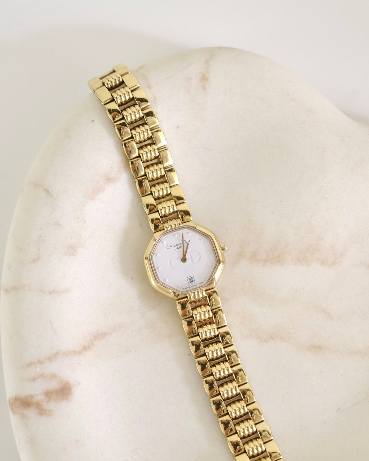 Vintage Christian Dior Gold Octagon Watch | White Dial | Elegant Gold Bracelet | Classic Designer Timepiece