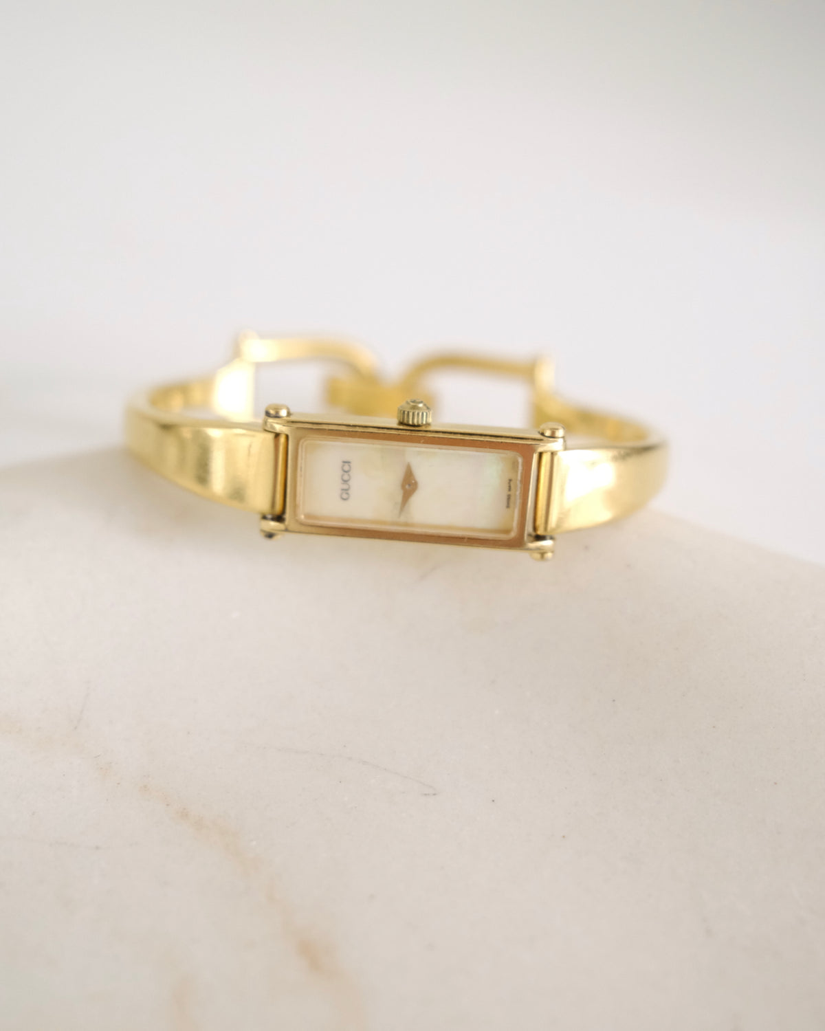 Vintage Gucci 1500L Gold Watch | Mother of Pearl Dial | Elegant Gold Bangle Bracelet | Classic Designer Timepiece
