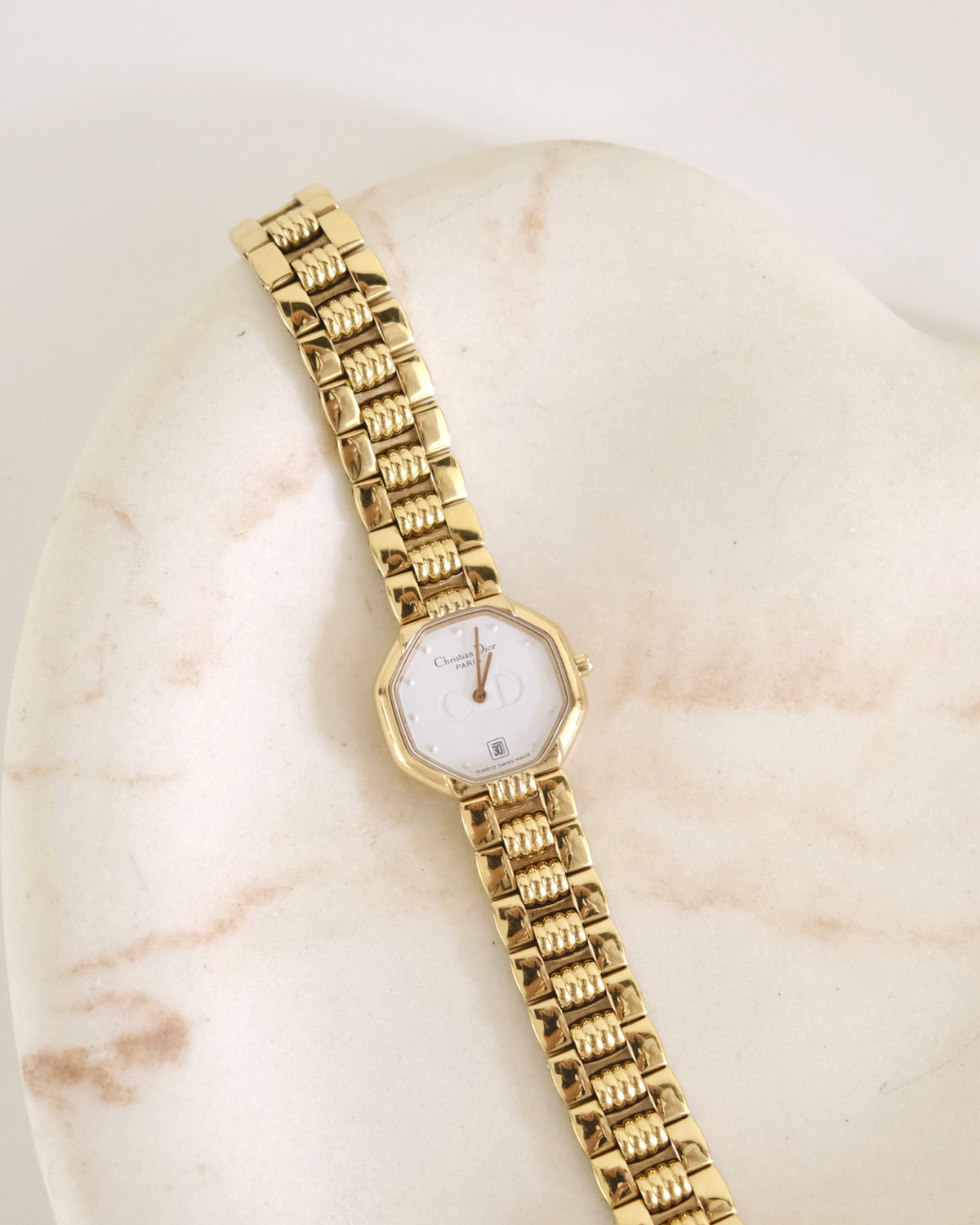 Vintage Christian Dior Gold Octagon Watch | White Dial | Elegant Gold Bracelet | Classic Designer Timepiece
