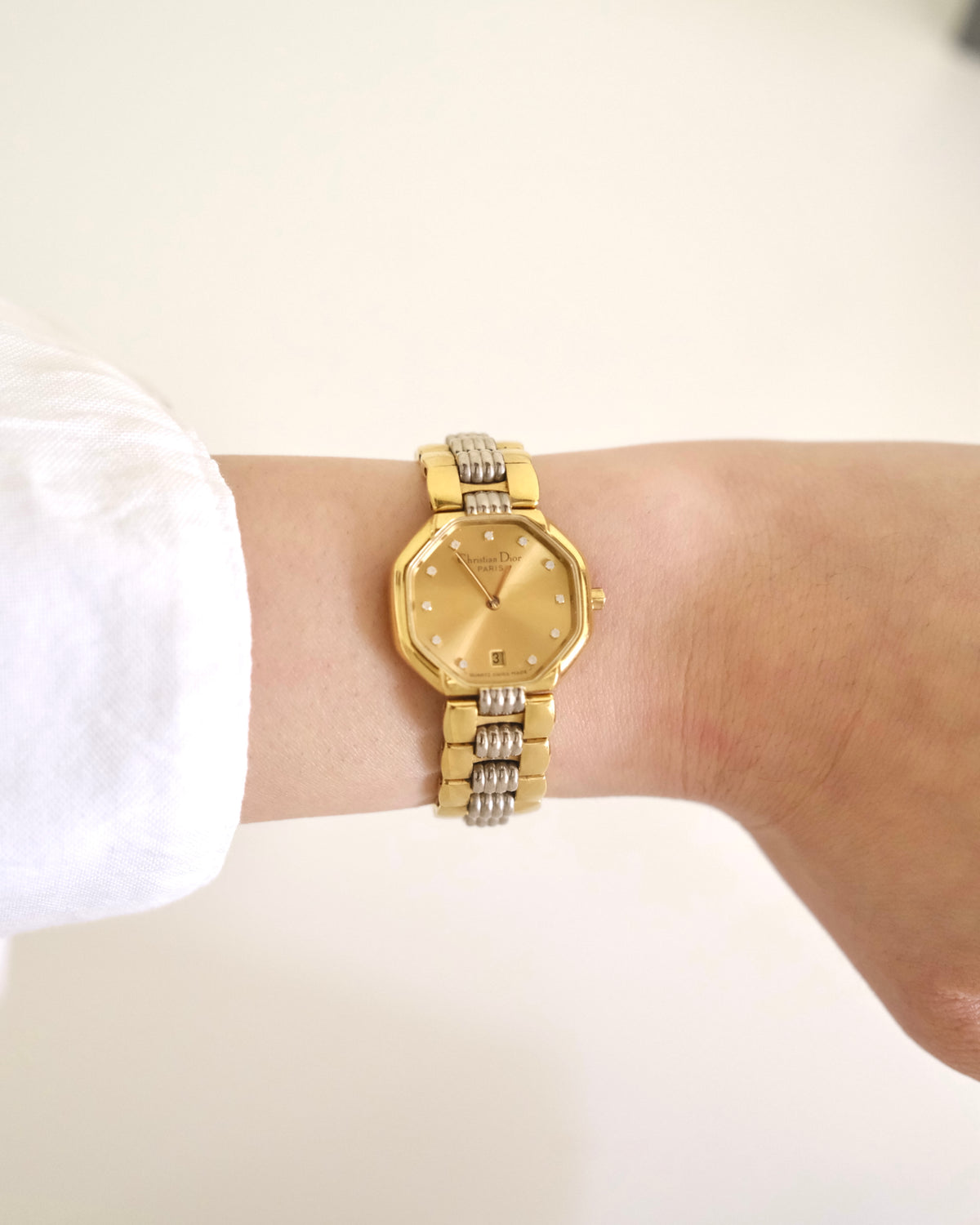 Vintage Christian Dior Gold Octagon Watch | Two-Tone Bracelet | Classic Designer Timepiece
