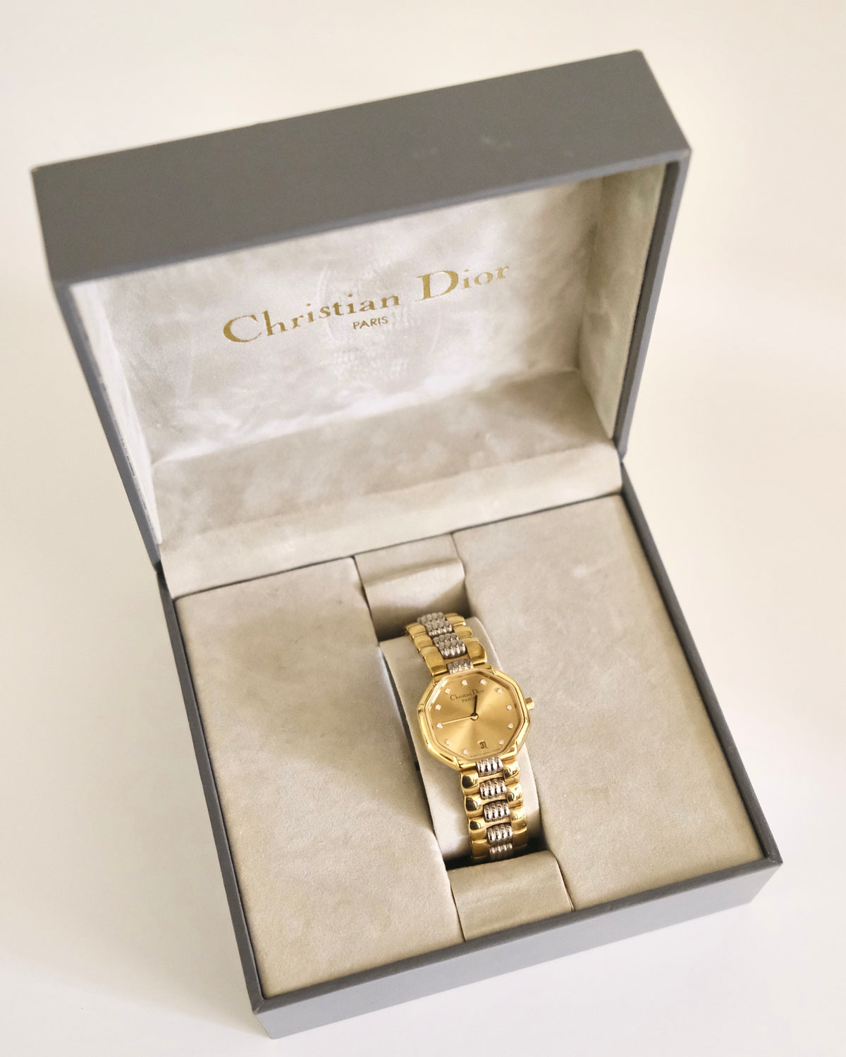 Vintage Christian Dior Gold Octagon Watch | Two-Tone Bracelet | Classic Designer Timepiece