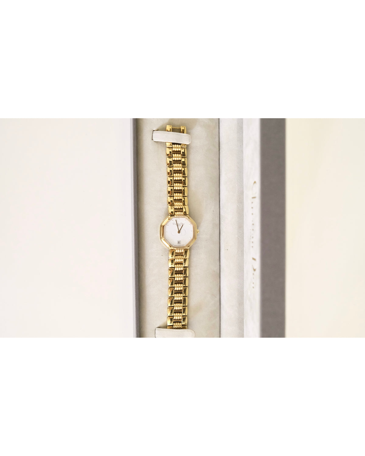 Vintage Christian Dior Gold Octagon Watch | White Dial | Elegant Gold Bracelet | Classic Designer Timepiece