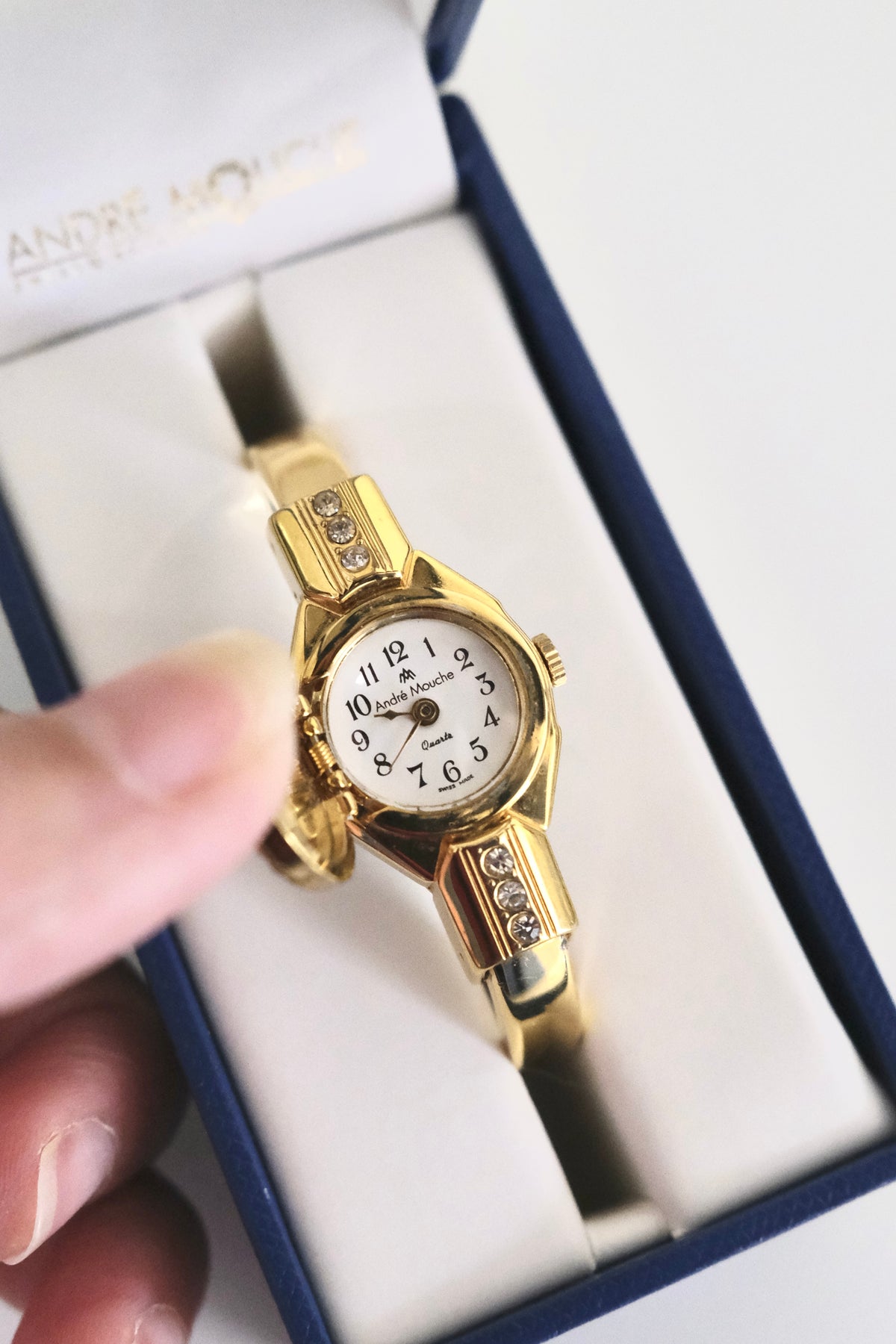 Rare Vintage André Mouche Swiss Gold-Tone Crystal Peekaboo Bangle Watch