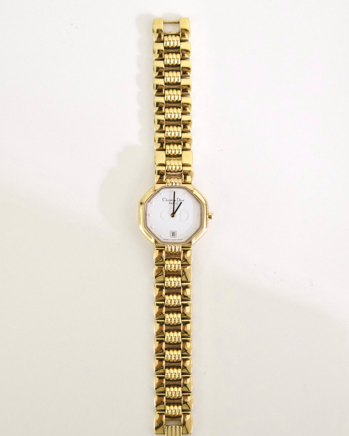 Vintage Christian Dior Gold Octagon Watch | White Dial | Elegant Gold Bracelet | Classic Designer Timepiece