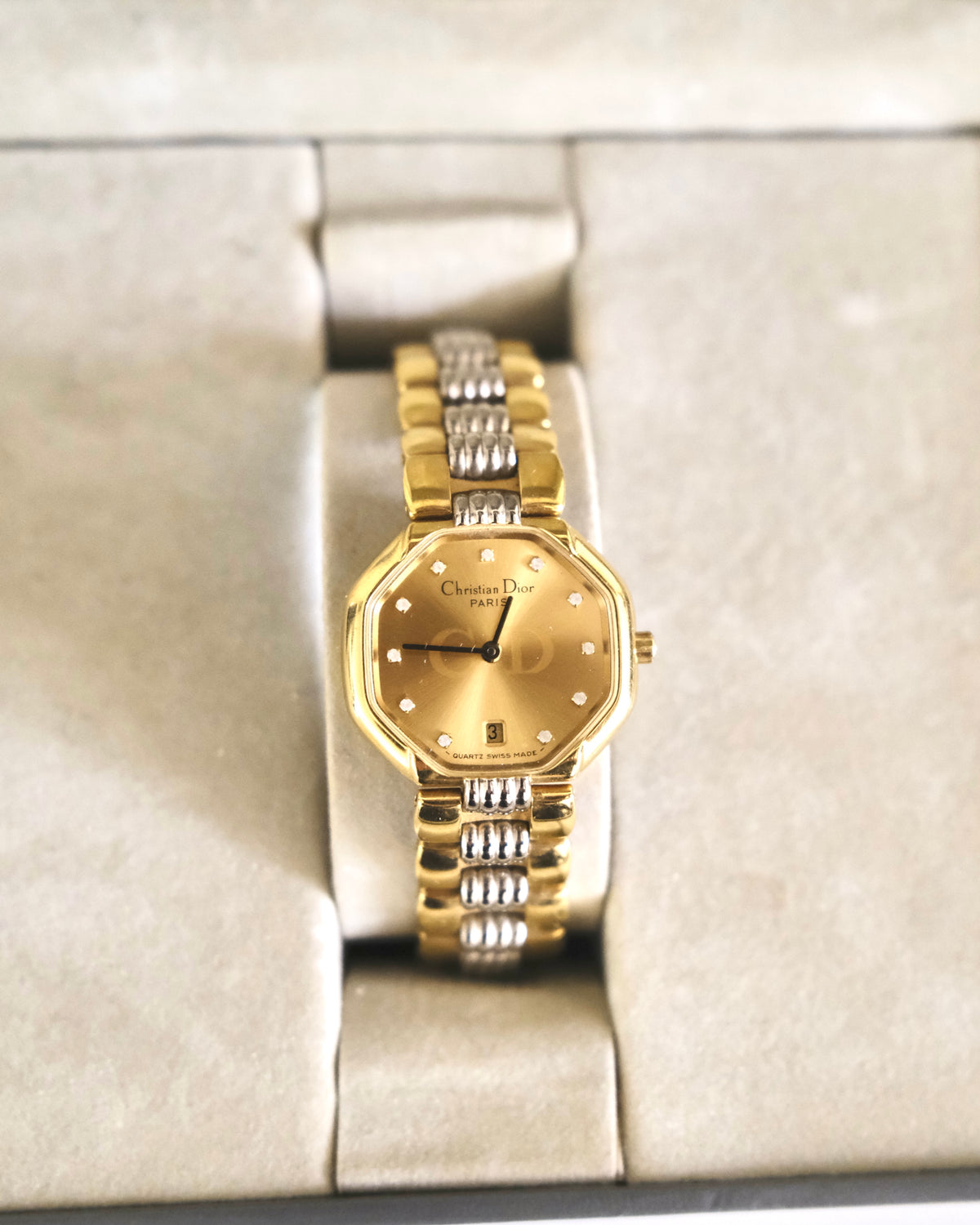 Vintage Christian Dior Gold Octagon Watch | Two-Tone Bracelet | Classic Designer Timepiece