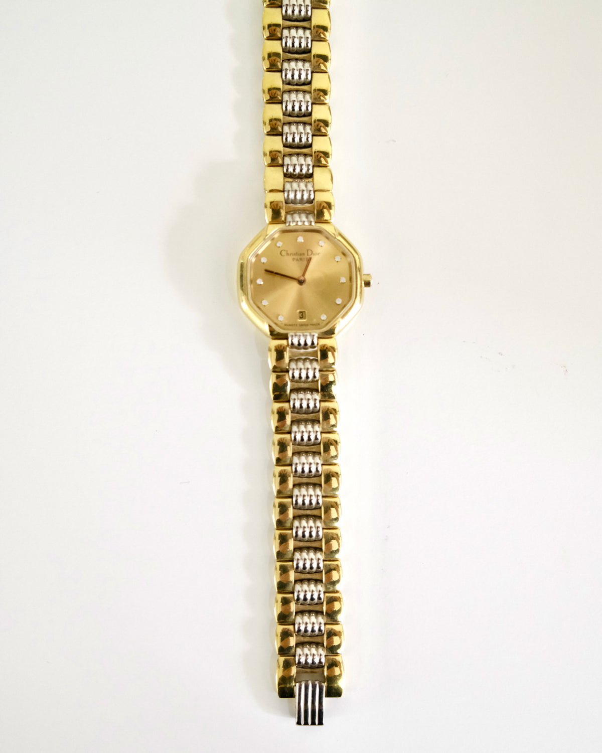 Vintage Christian Dior Gold Octagon Watch | Two-Tone Bracelet | Classic Designer Timepiece