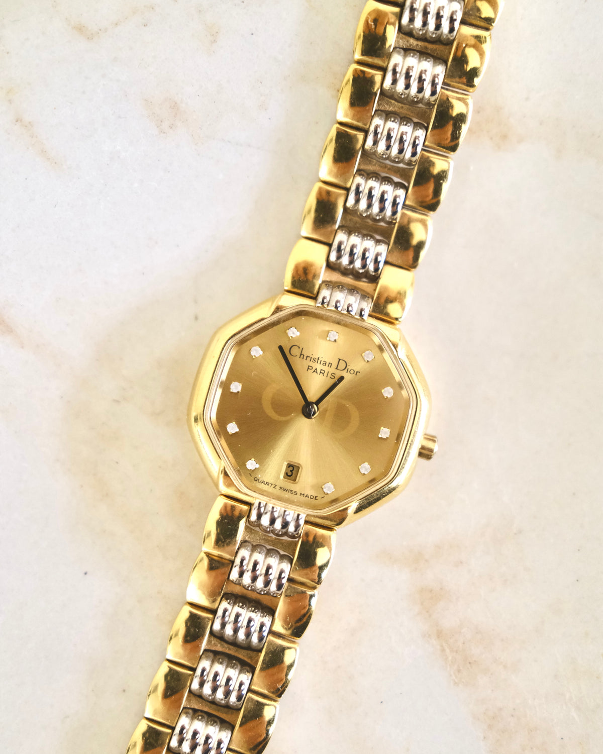 Vintage Christian Dior Gold Octagon Watch | Two-Tone Bracelet | Classic Designer Timepiece