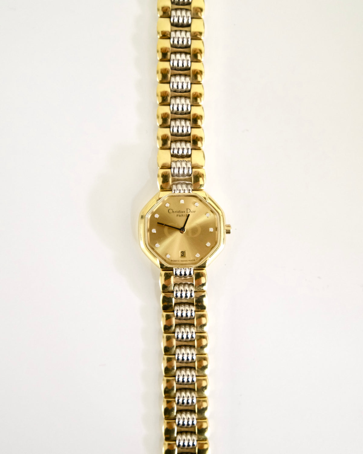 Vintage Christian Dior Gold Octagon Watch | Two-Tone Bracelet | Classic Designer Timepiece