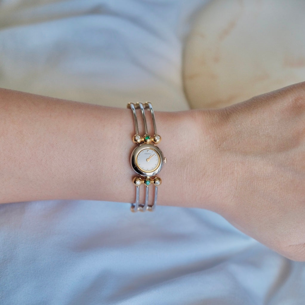 Vintage Seiko Emerald Crystal Bangle Watch | Gold & Silver Two-Tone Women’s Bracelet Watch