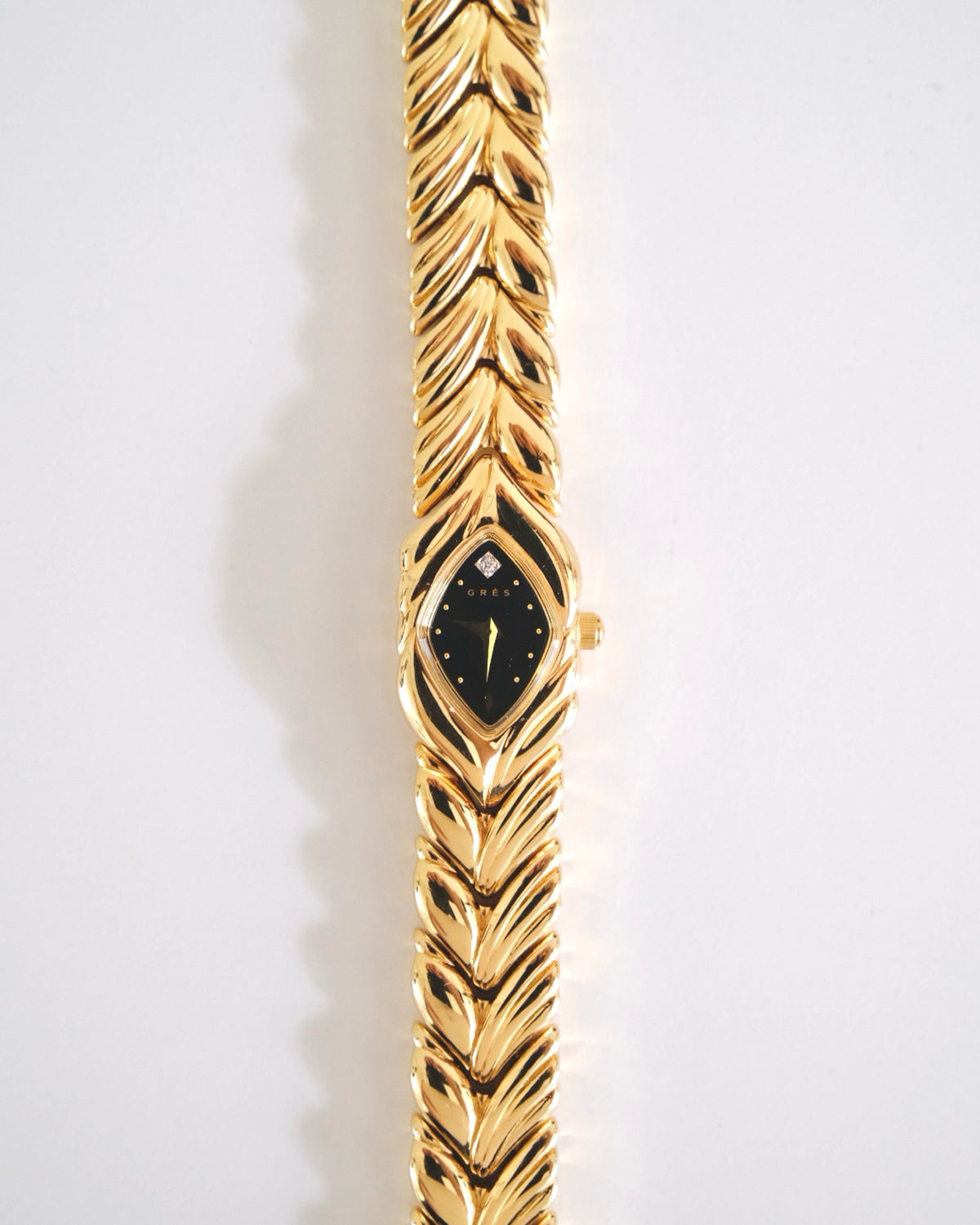 Rare Vintage Grès Gold-Tone Bracelet Watch – Black Dial & Diamond Detail