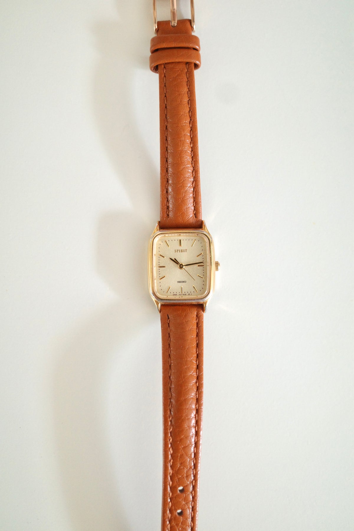 Vintage Seiko Spirit Gold-Tone Tank Watch with Brown Leather Strap