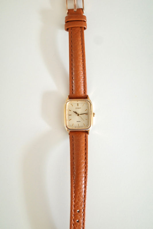 Vintage Seiko Spirit Gold-Tone Tank Watch with Brown Leather Strap