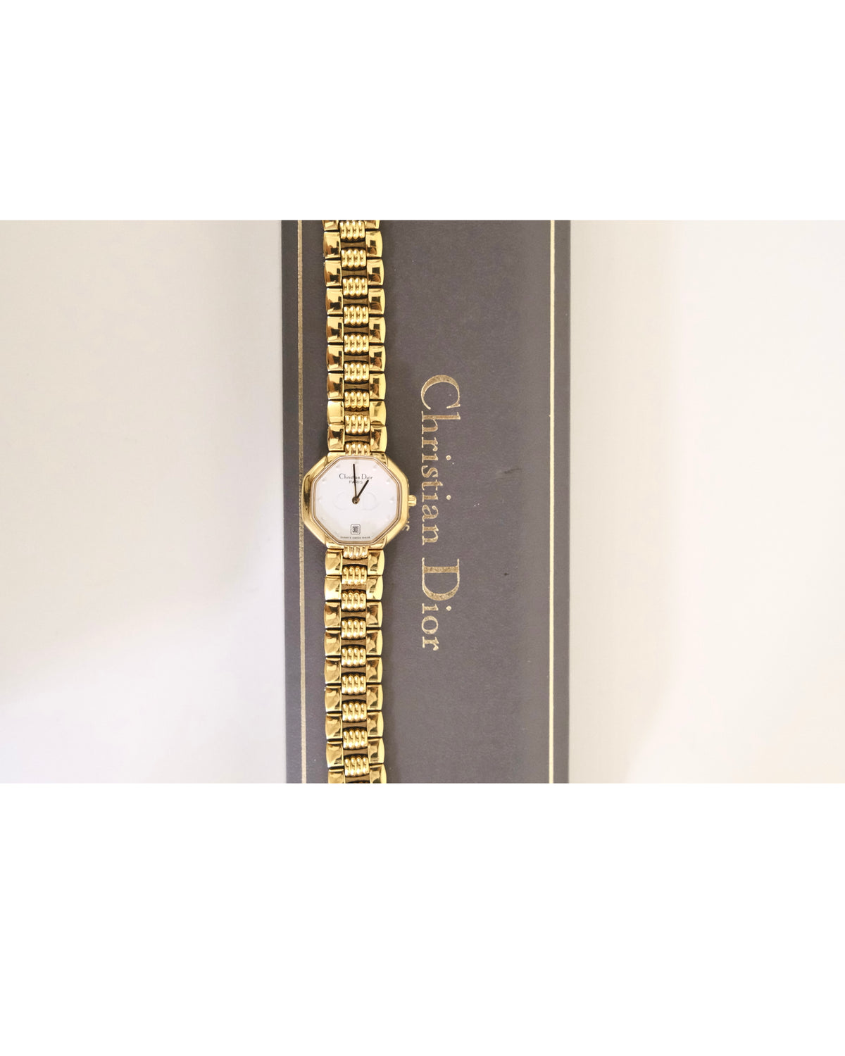 Vintage Christian Dior Gold Octagon Watch | White Dial | Elegant Gold Bracelet | Classic Designer Timepiece