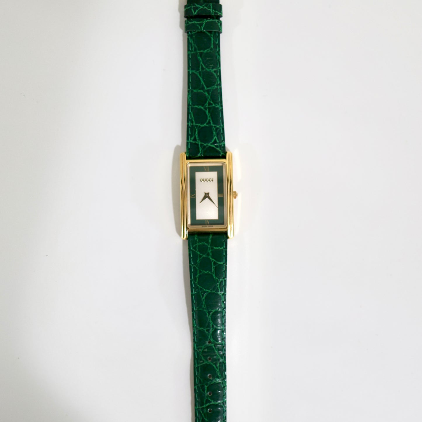Vintage Gucci Tank Watch with Green Leather Strap