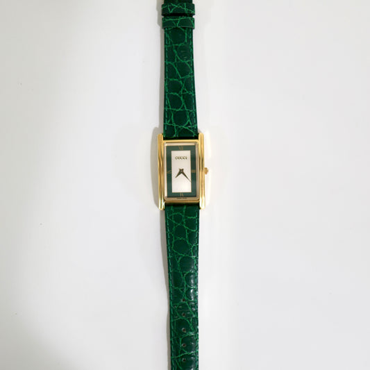 Vintage Gucci Tank Watch with Green Leather Strap