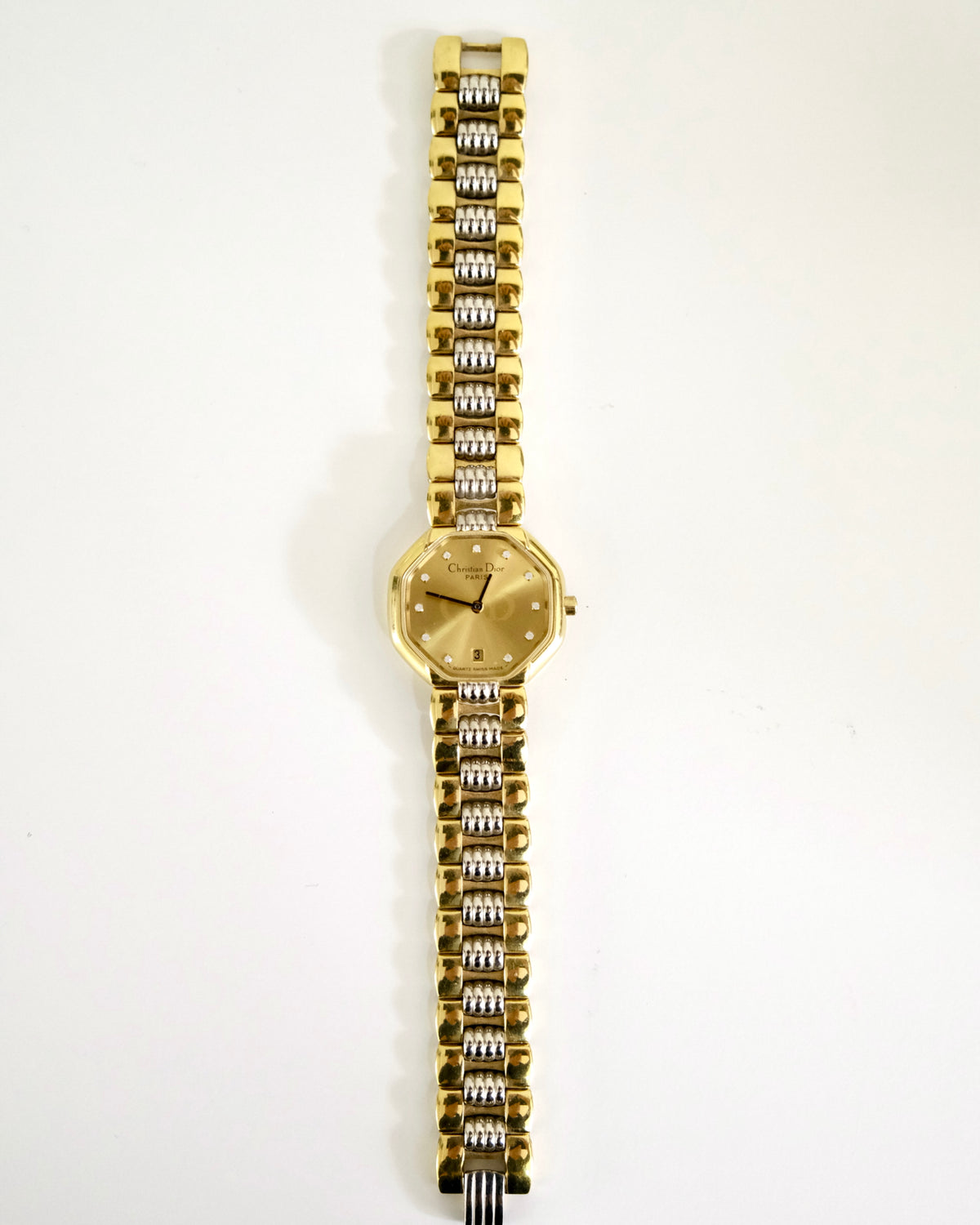 Vintage Christian Dior Gold Octagon Watch | Two-Tone Bracelet | Classic Designer Timepiece