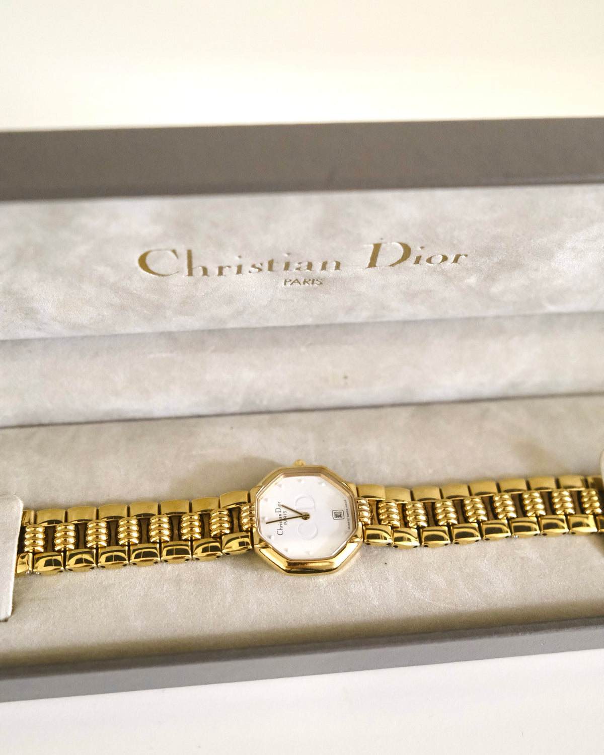 Vintage Christian Dior Gold Octagon Watch | White Dial | Elegant Gold Bracelet | Classic Designer Timepiece