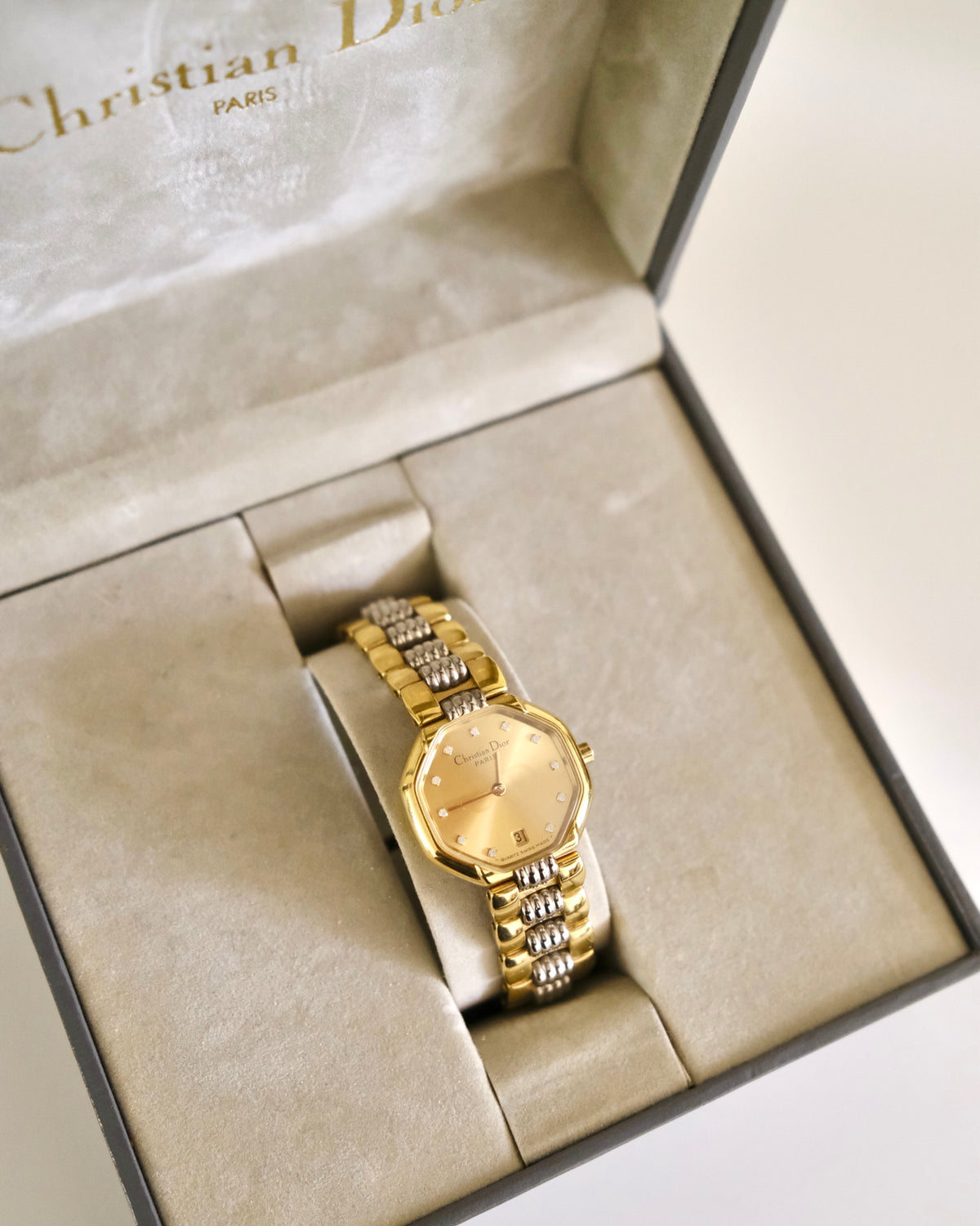 Vintage Christian Dior Gold Octagon Watch | Two-Tone Bracelet | Classic Designer Timepiece