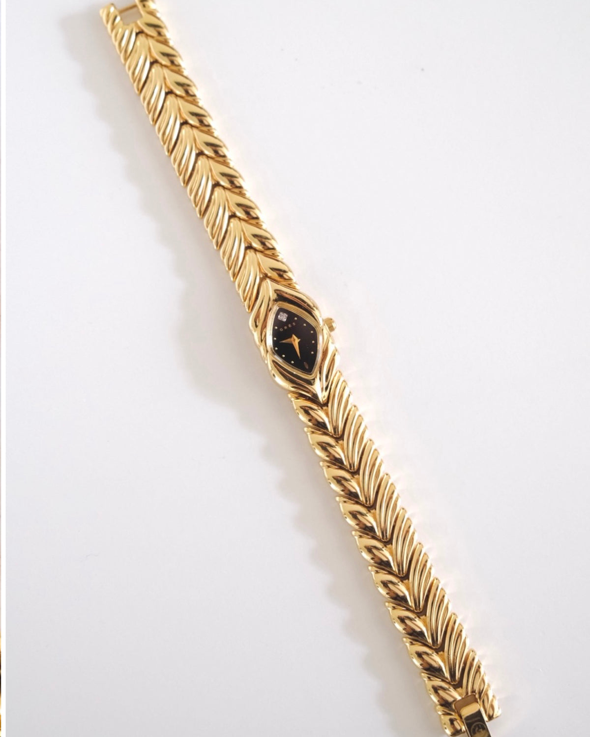 Rare Vintage Grès Gold-Tone Bracelet Watch – Black Dial & Diamond Detail
