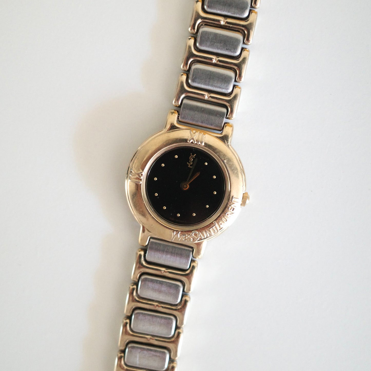 Vintage Yves Saint Laurent YSL Two-Tone Black Dial Bracelet Watch