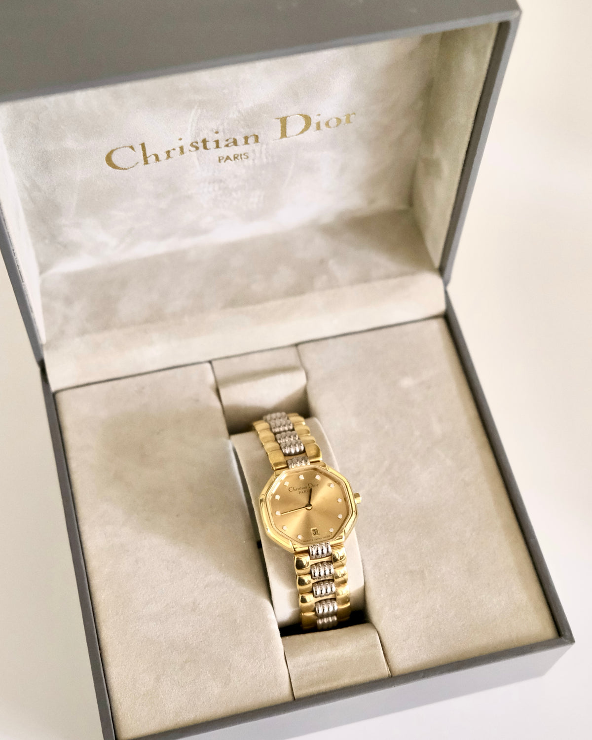 Vintage Christian Dior Gold Octagon Watch | Two-Tone Bracelet | Classic Designer Timepiece