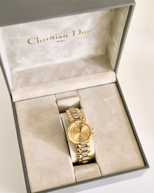 Vintage Christian Dior Gold Octagon Watch | Two-Tone Bracelet | Classic Designer Timepiece
