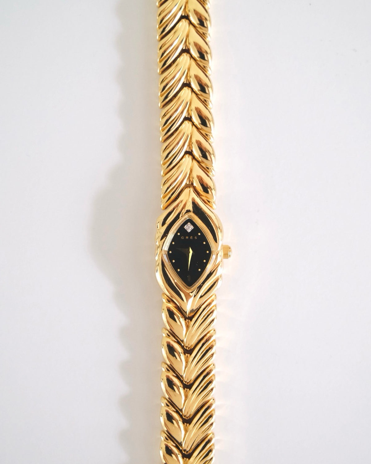 Rare Vintage Grès Gold-Tone Bracelet Watch – Black Dial & Diamond Detail
