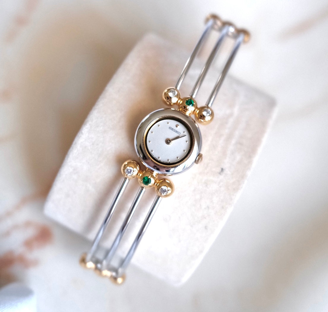 Vintage Seiko Emerald Crystal Bangle Watch | Gold & Silver Two-Tone Women’s Bracelet Watch