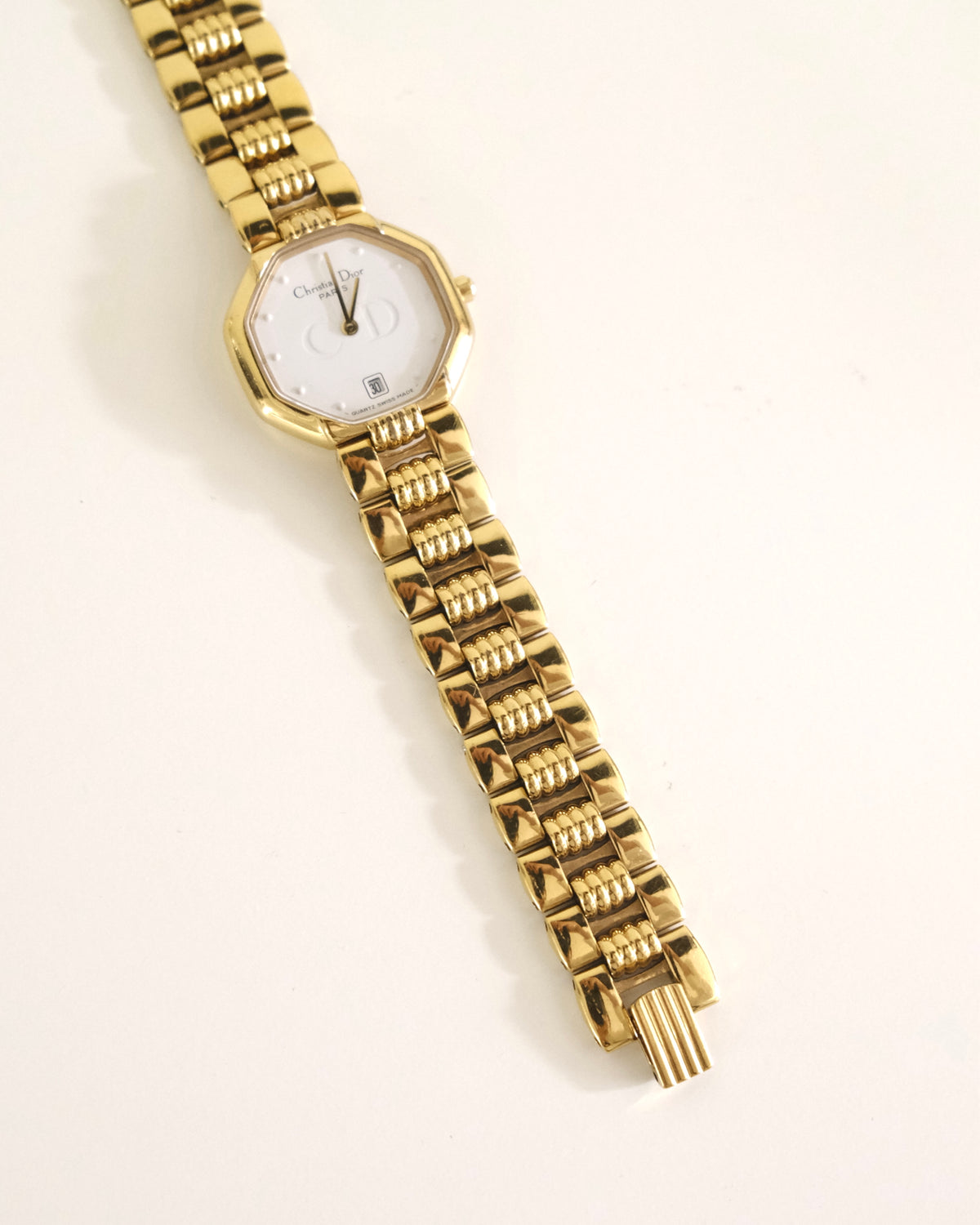 Vintage Christian Dior Gold Octagon Watch | White Dial | Elegant Gold Bracelet | Classic Designer Timepiece