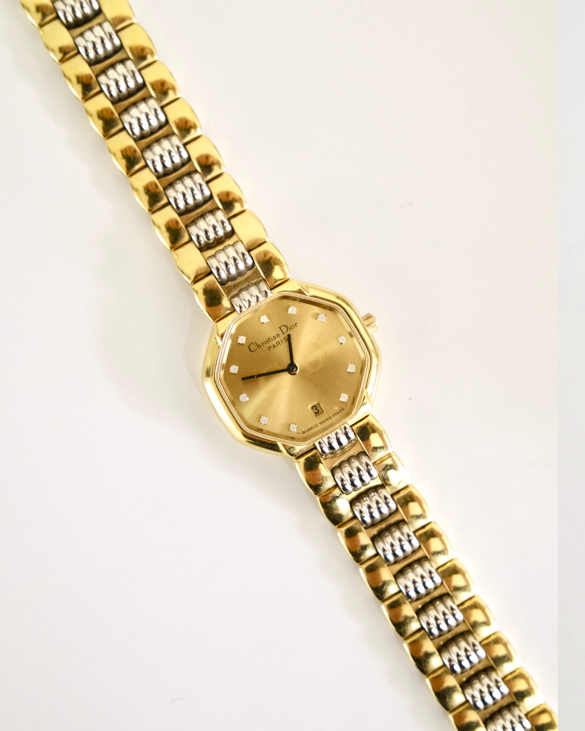 Vintage Christian Dior Gold Octagon Watch | Two-Tone Bracelet | Classic Designer Timepiece