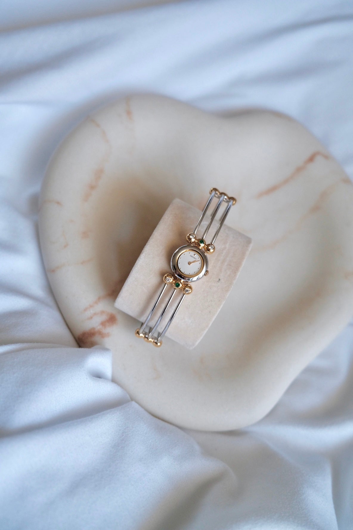Vintage Seiko Emerald Crystal Bangle Watch | Gold & Silver Two-Tone Women’s Bracelet Watch