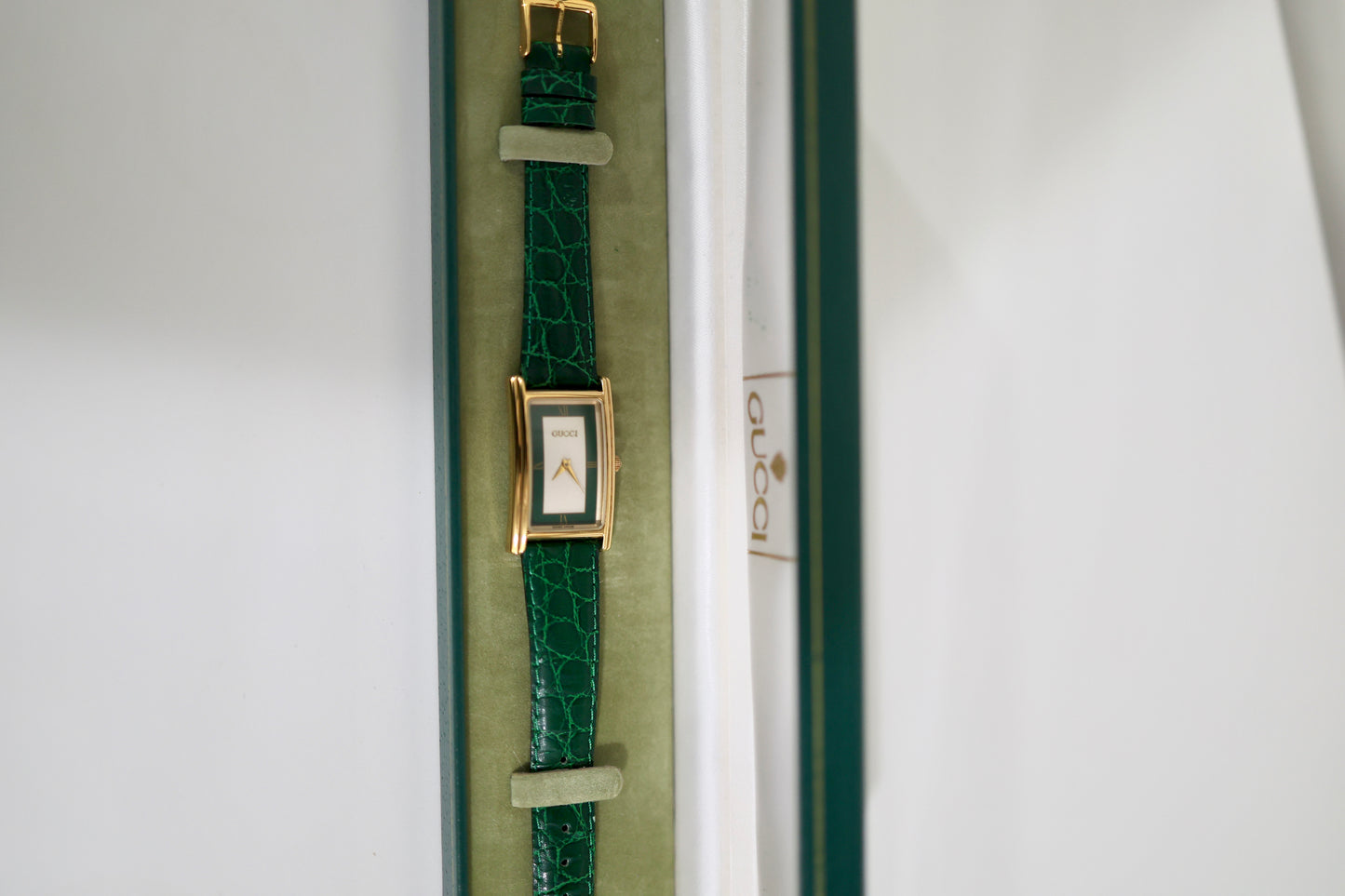 Vintage Gucci Tank Watch with Green Leather Strap