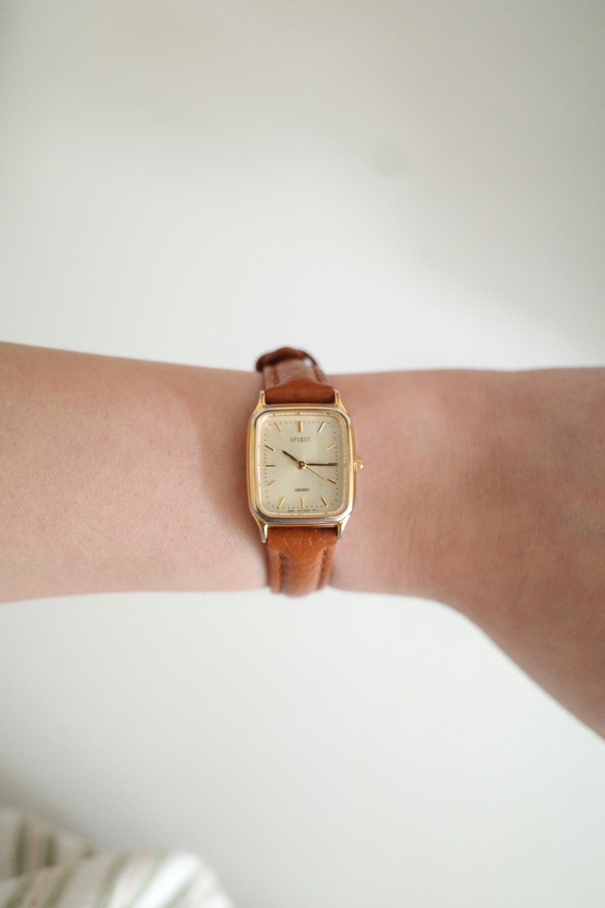 Vintage Seiko Spirit Gold-Tone Tank Watch with Brown Leather Strap